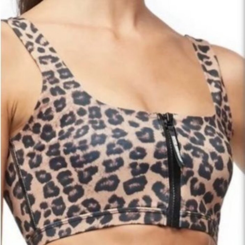 GOOD AMERICAN Leopard Print Zip Front Sports Bra Sz 5 2X Zipper Crop Animal Plus